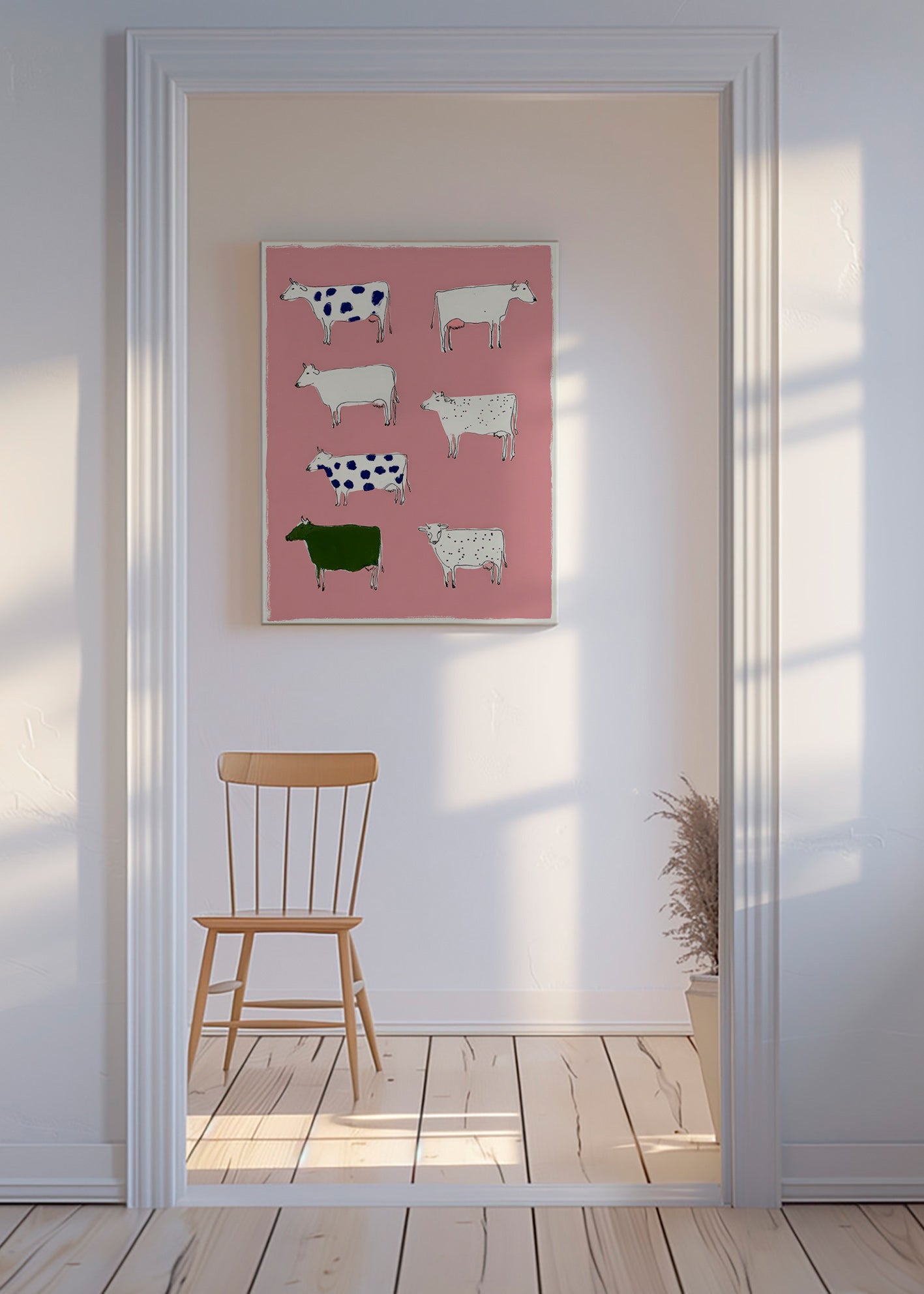 Kunstwerk met speelse koeien op roze achtergrond