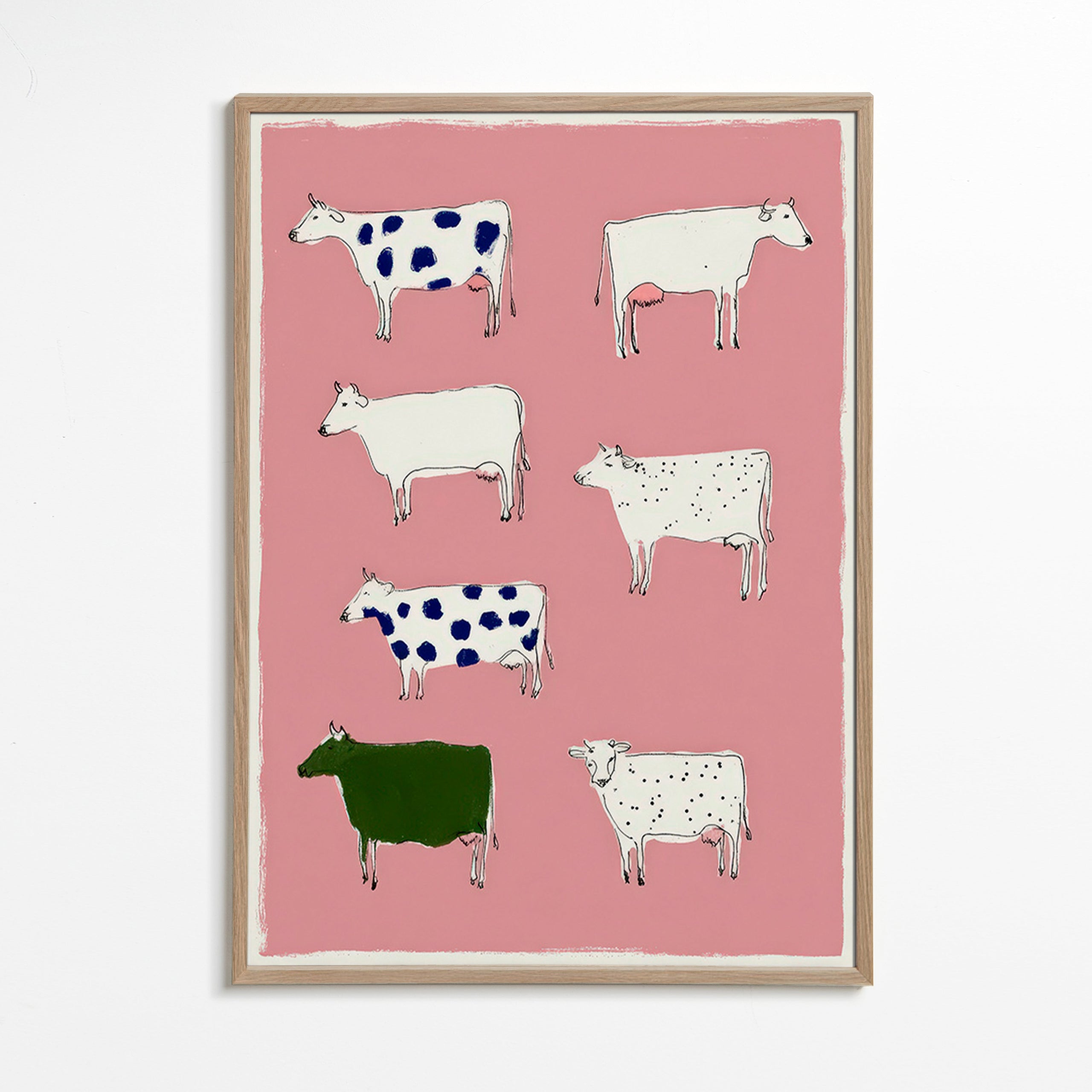 Kunstwerk met speelse koeien op roze achtergrond