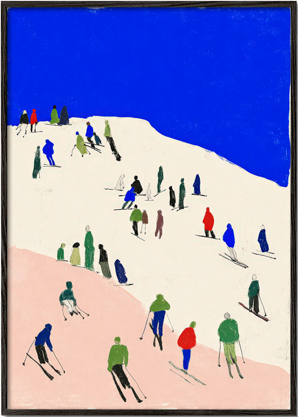 Landschapsschilderij met skiërs op blauwe helling