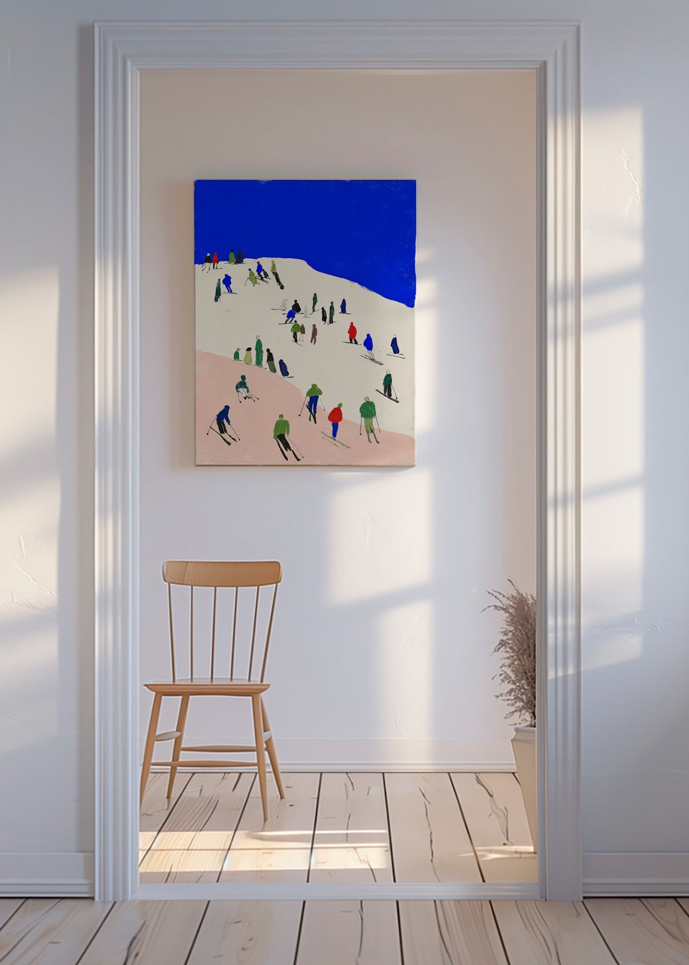 Landschapsschilderij met skiërs op blauwe helling