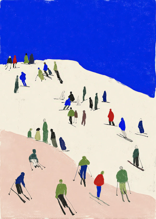 Landschapsschilderij met skiërs op blauwe helling