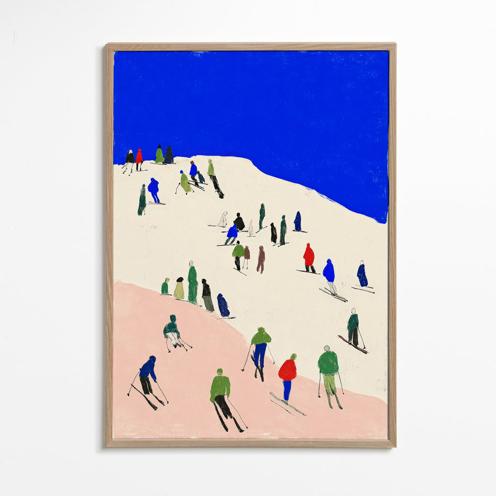 Landschapsschilderij met skiërs op blauwe helling
