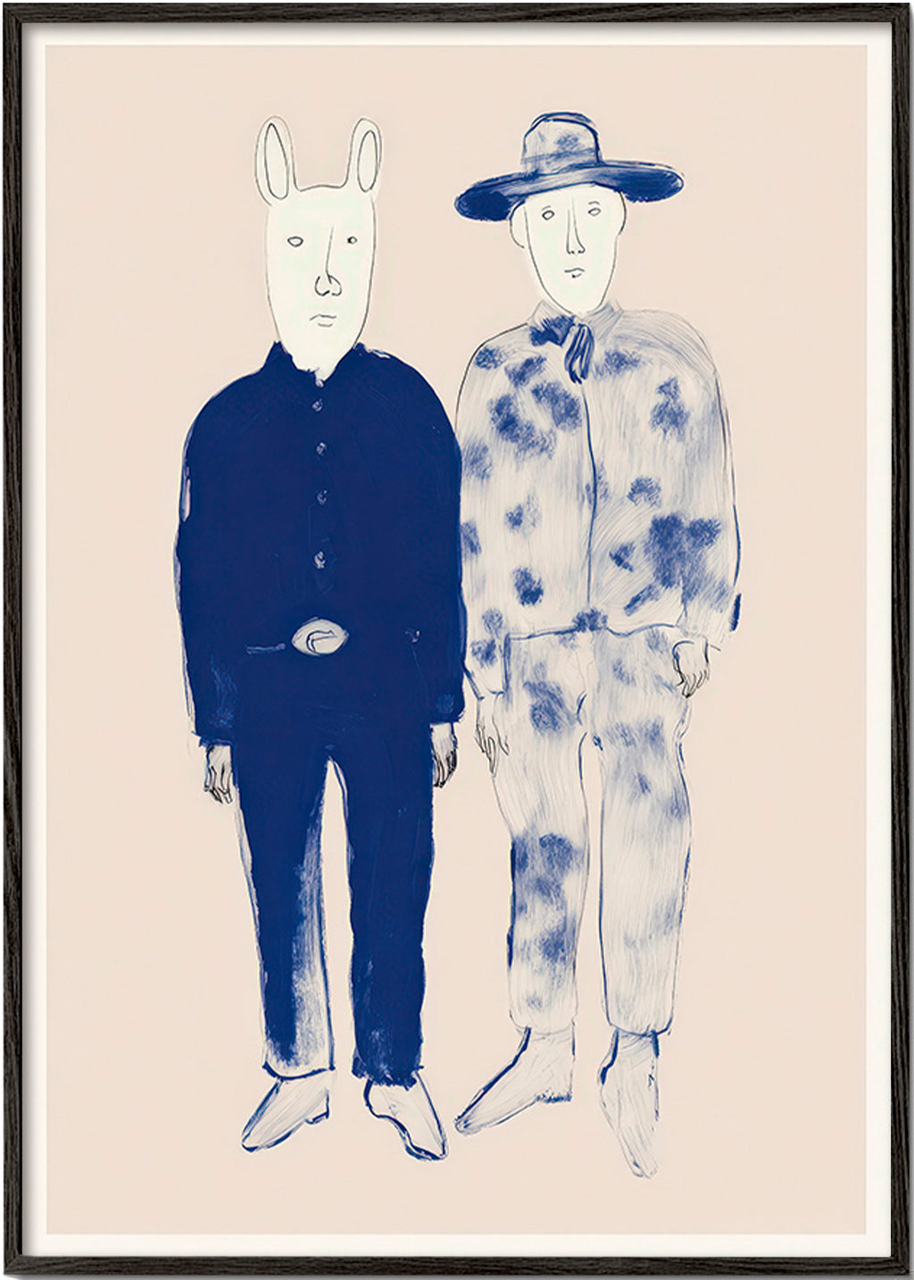 Illustratie van twee figuren met konijn in blauwe ink