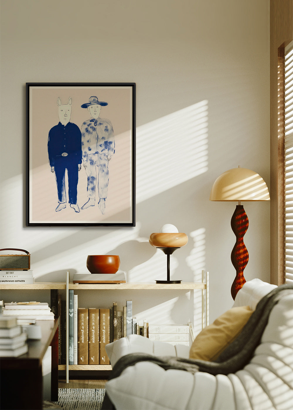 Illustratie van twee figuren met konijn in blauwe ink