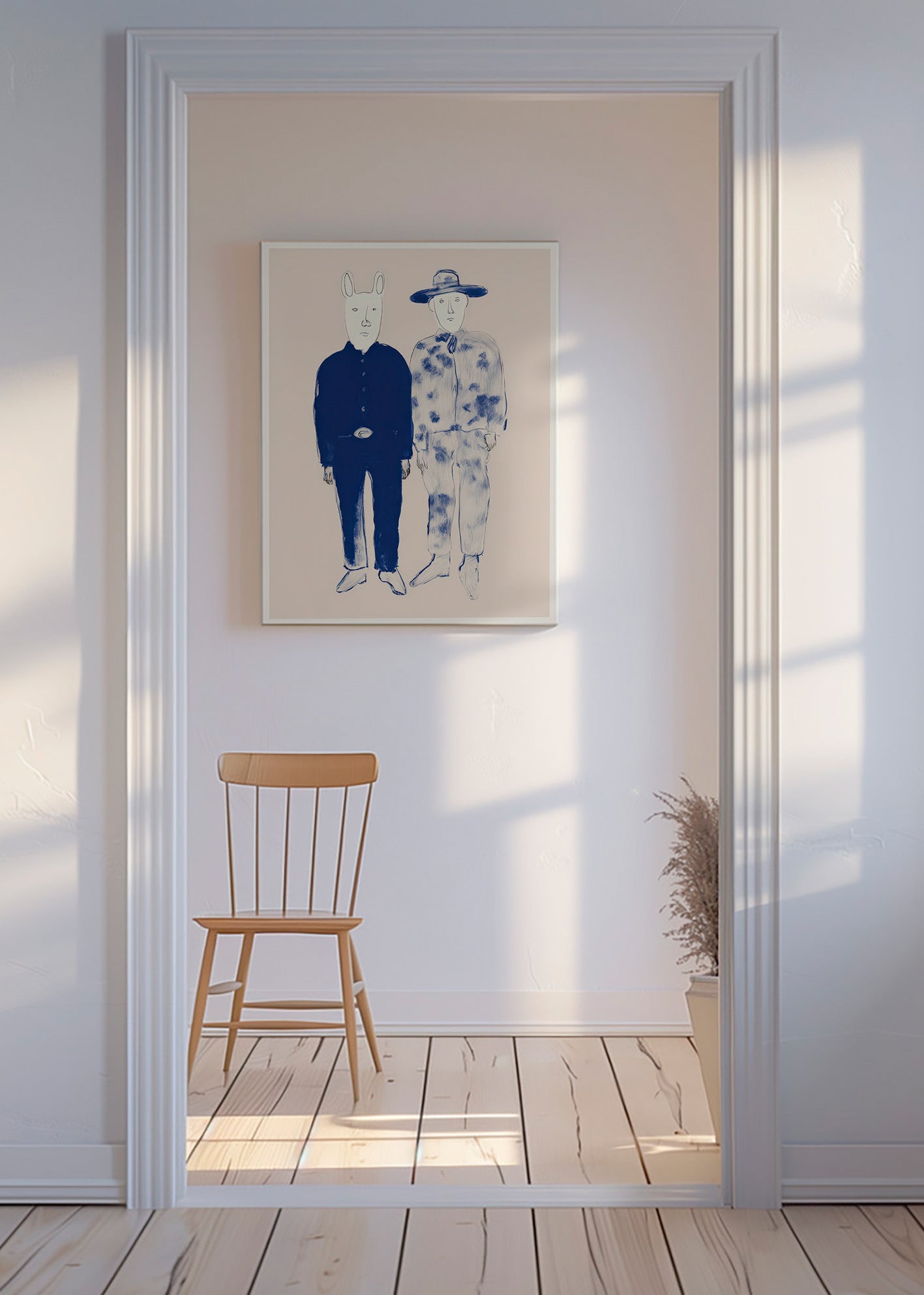 Illustratie van twee figuren met konijn in blauwe ink