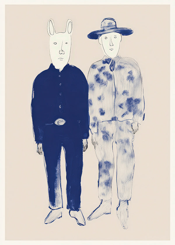 Illustratie van twee figuren met konijn in blauwe ink