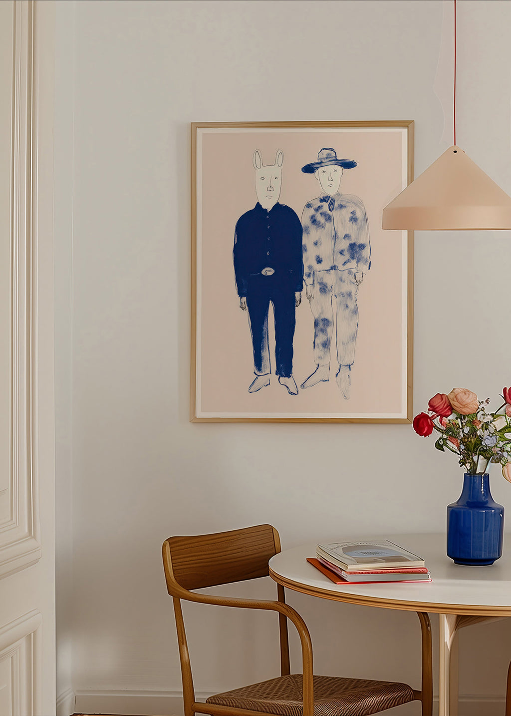 Illustratie van twee figuren met konijn in blauwe ink
