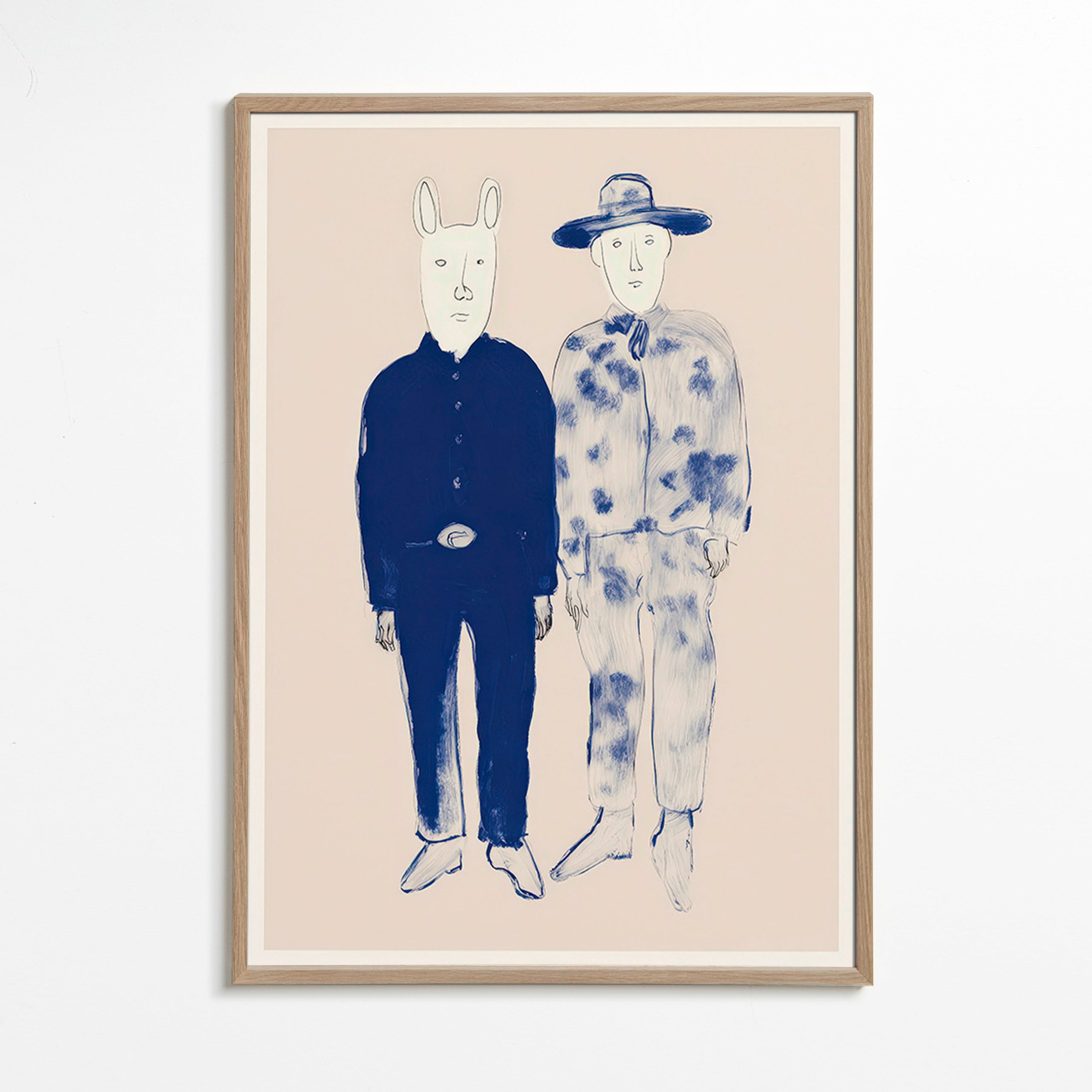 Illustratie van twee figuren met konijn in blauwe ink