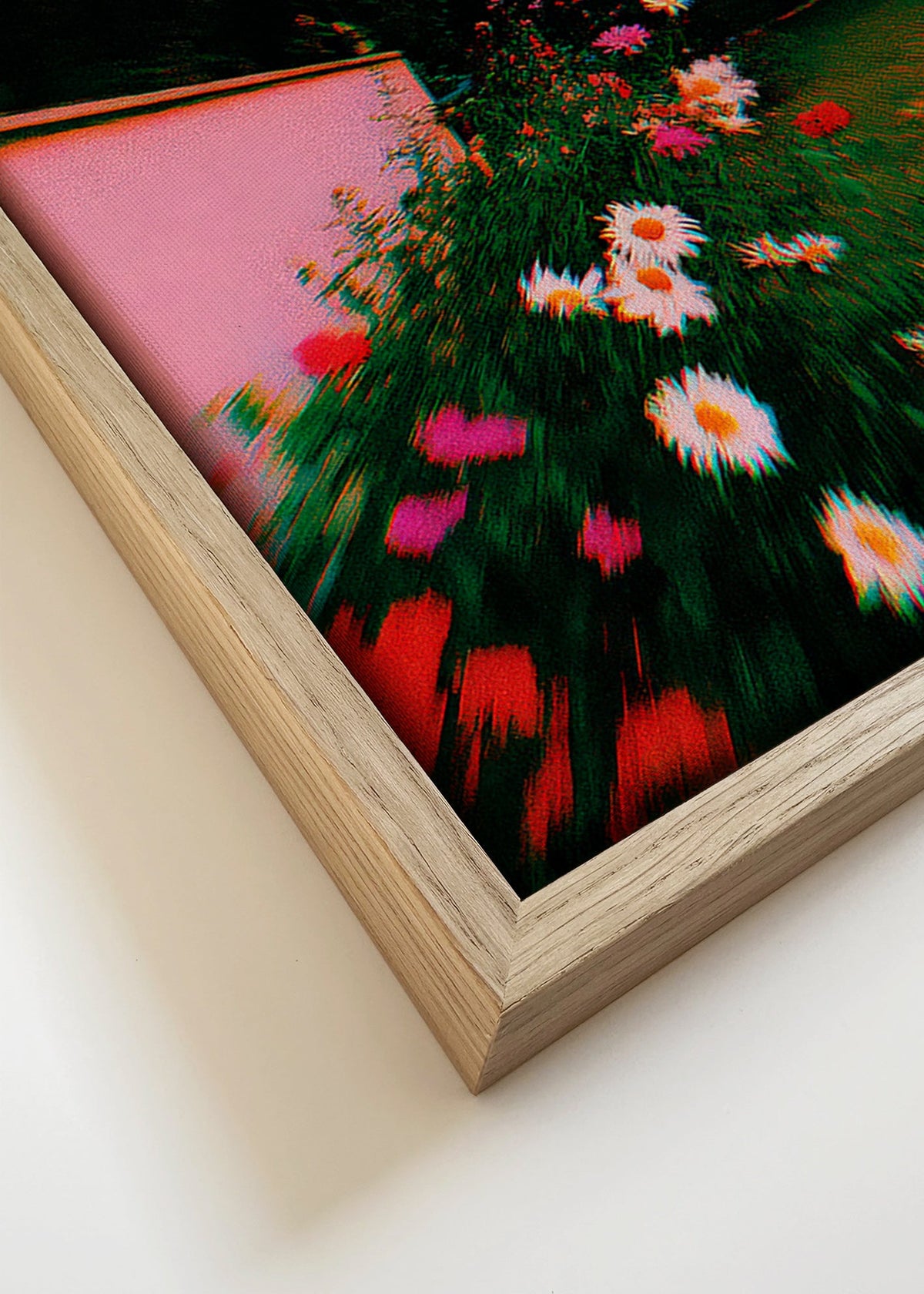 Botanische poster met vaag tuinbeeld en madeliefjes