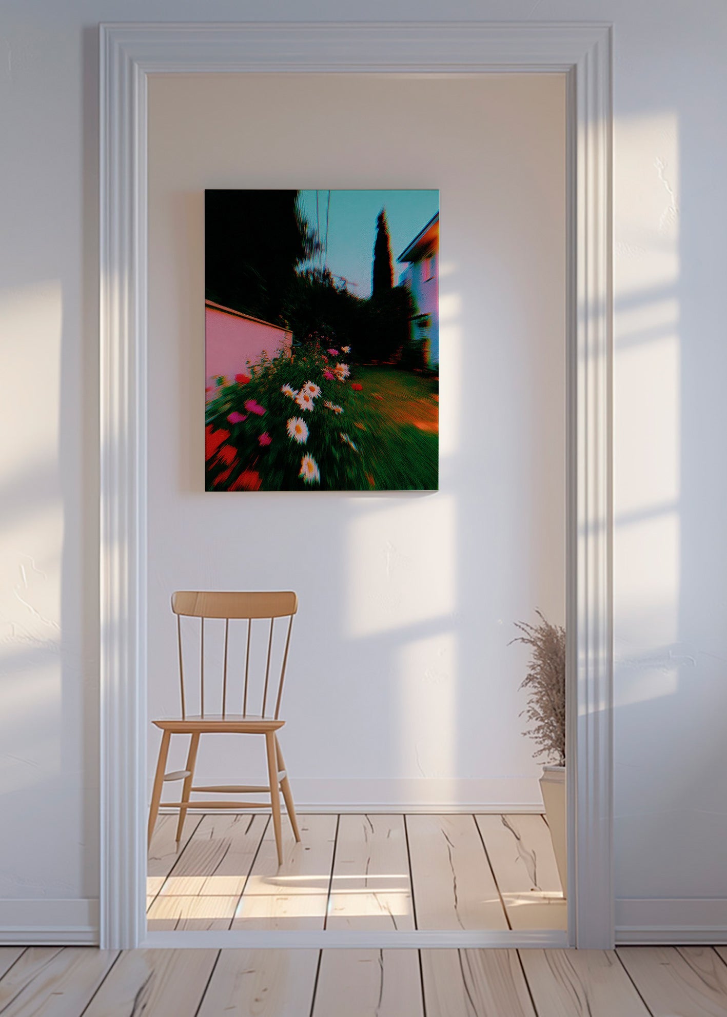 Botanische poster met vaag tuinbeeld en madeliefjes