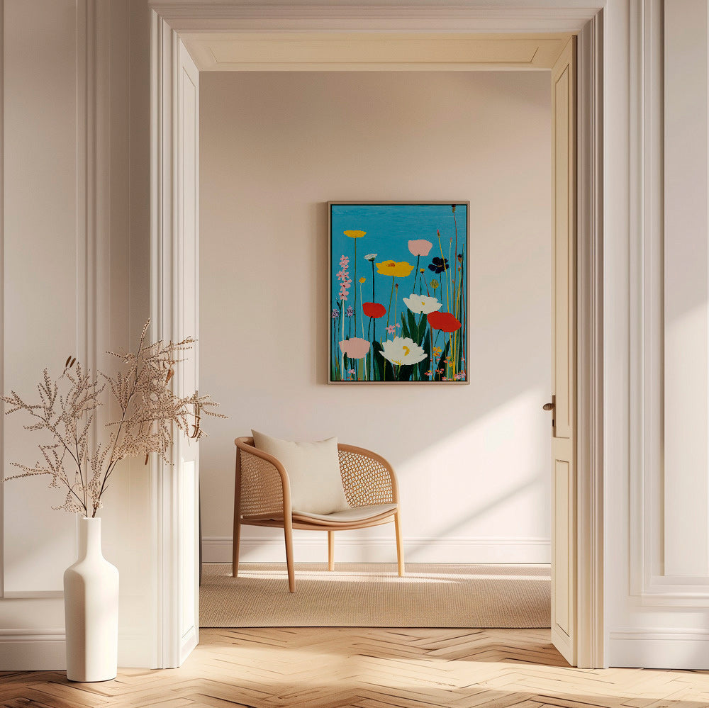 Botanische print wilde bloemen op blauw