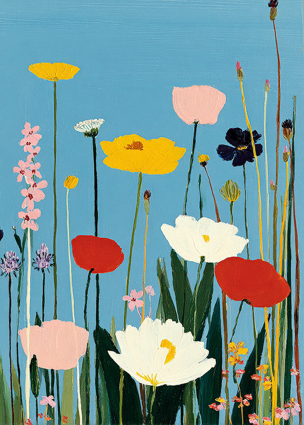 Botanische print wilde bloemen op blauw