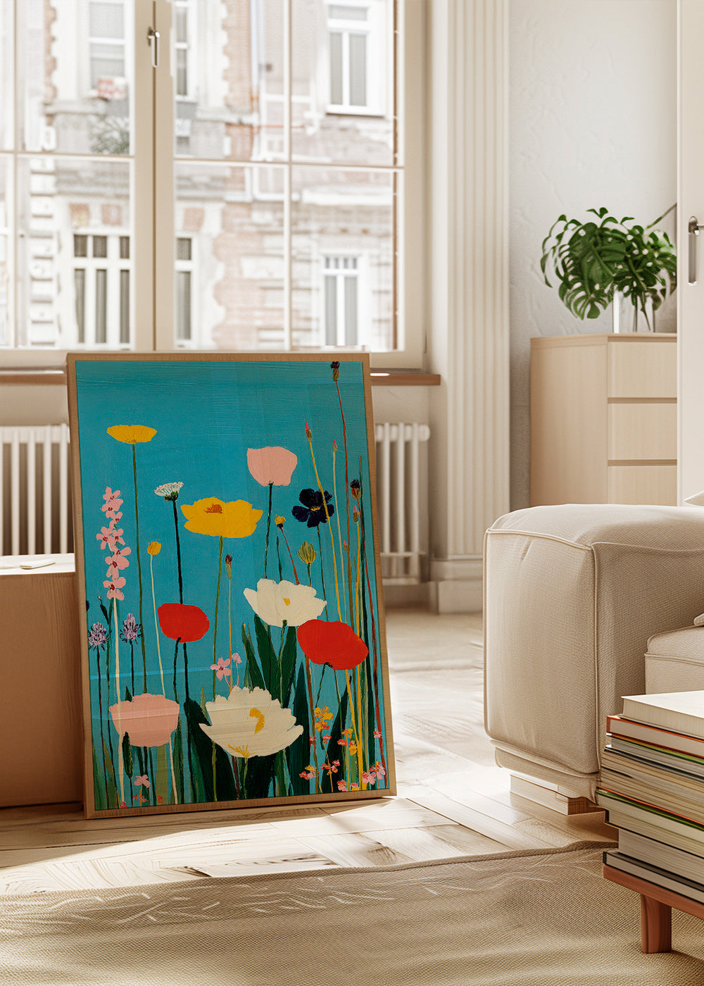 Botanische print wilde bloemen op blauw