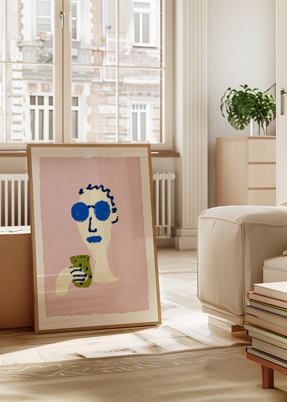 Illustratie portret met blauwe zonnebril