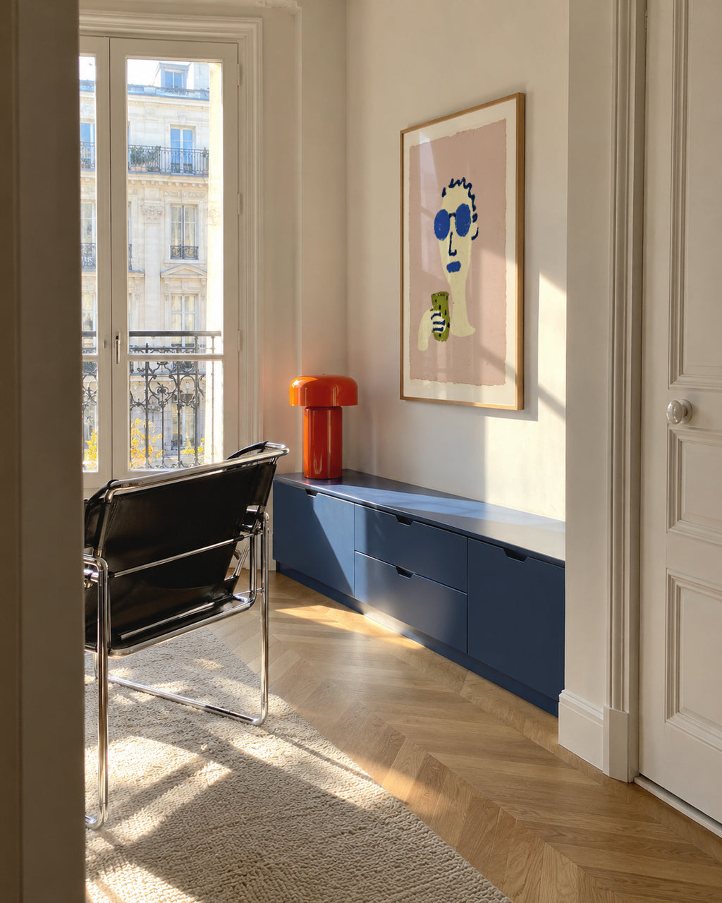 Blue Sunglasses - Framed poster in an interior