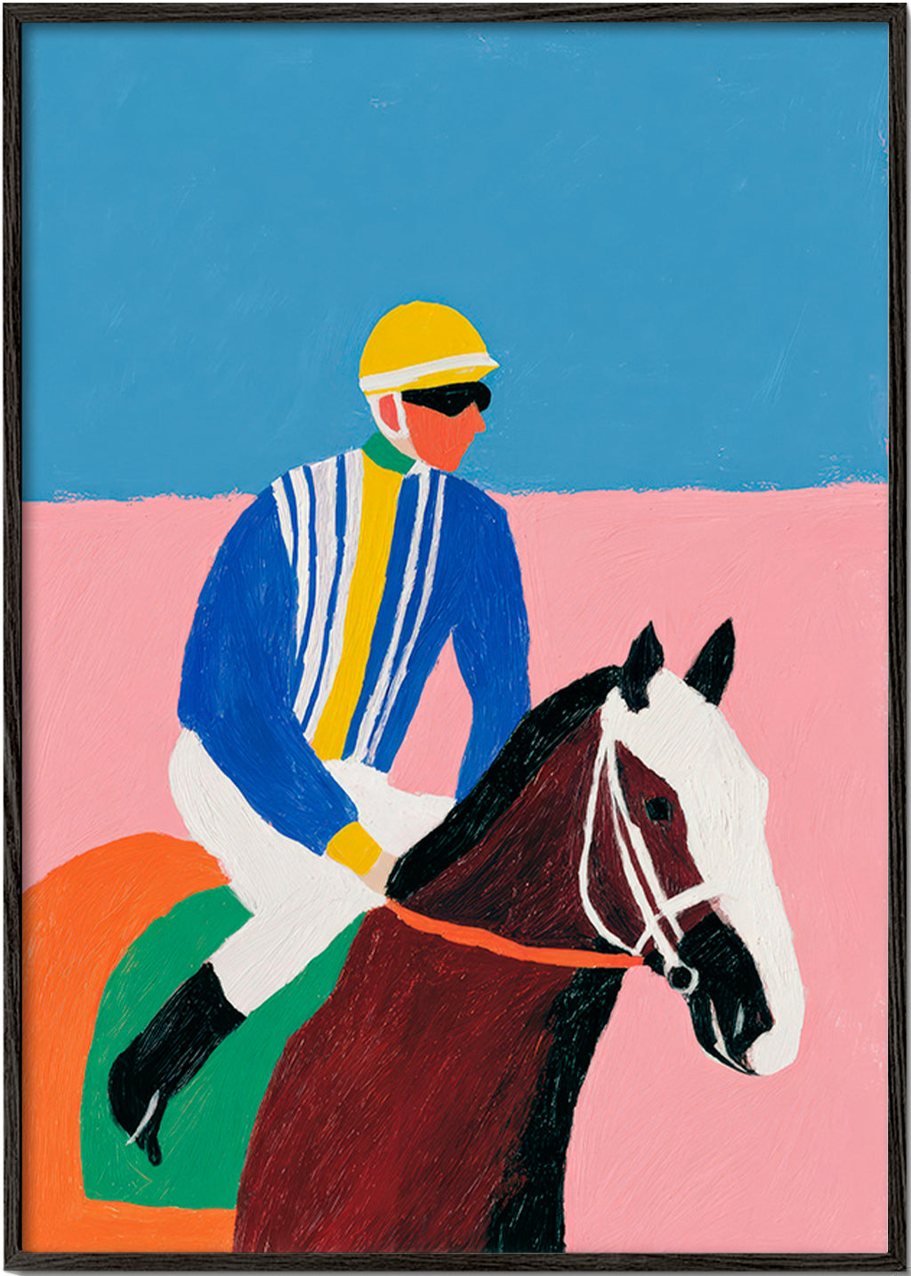 Sport kunst: jockey en paard in vlakke kleuren