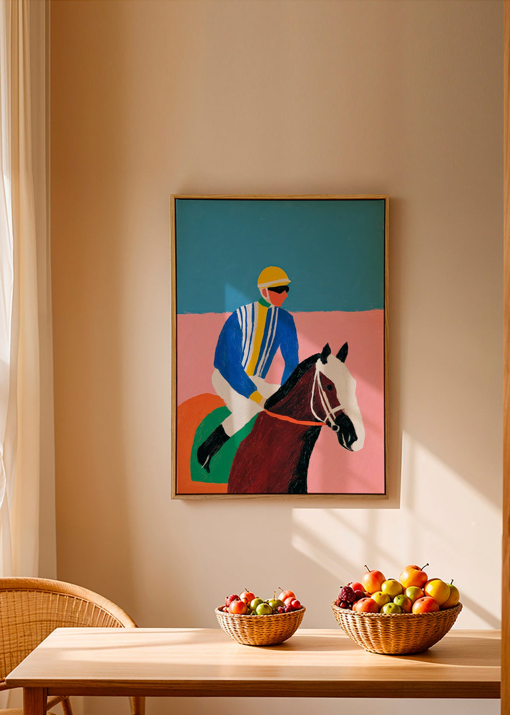 Sport kunst: jockey en paard in vlakke kleuren