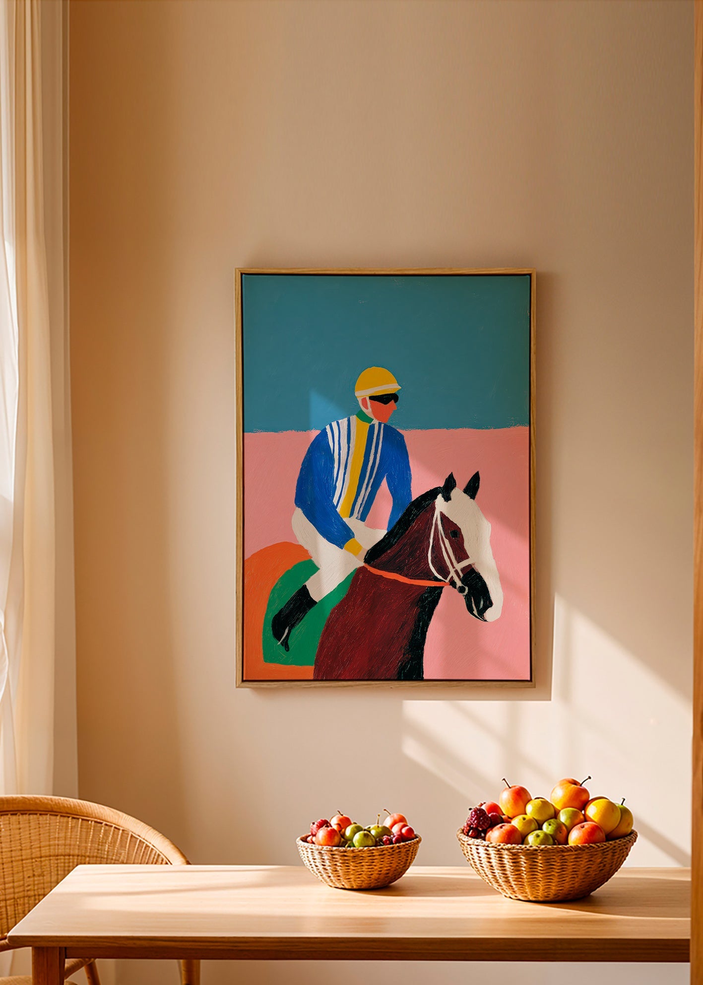 Sport kunst: jockey en paard in vlakke kleuren