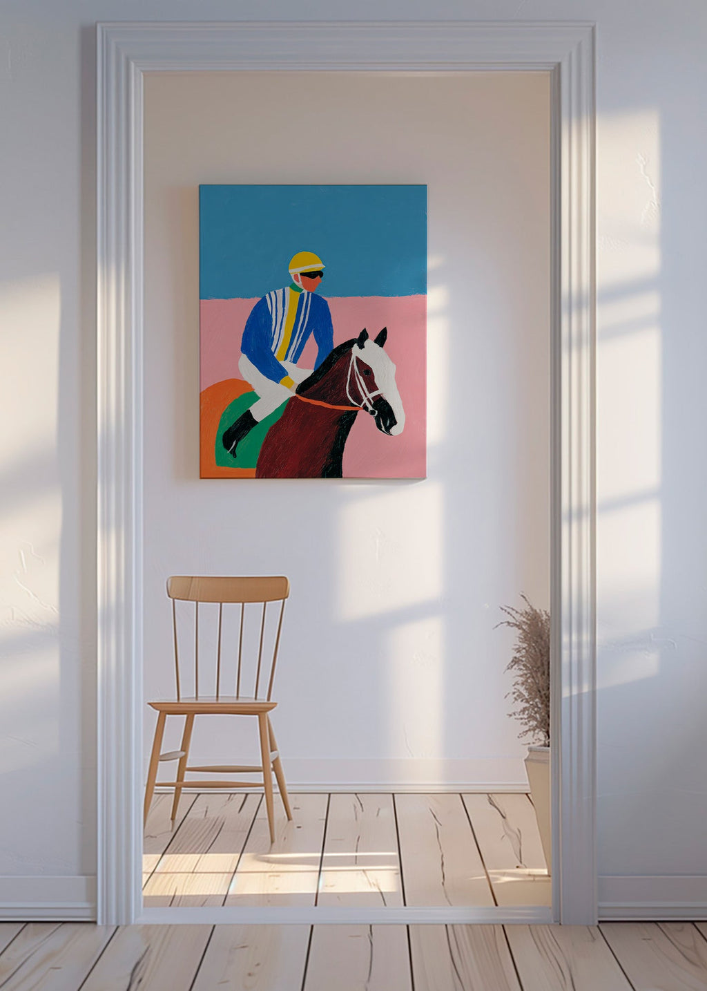Sport kunst: jockey en paard in vlakke kleuren