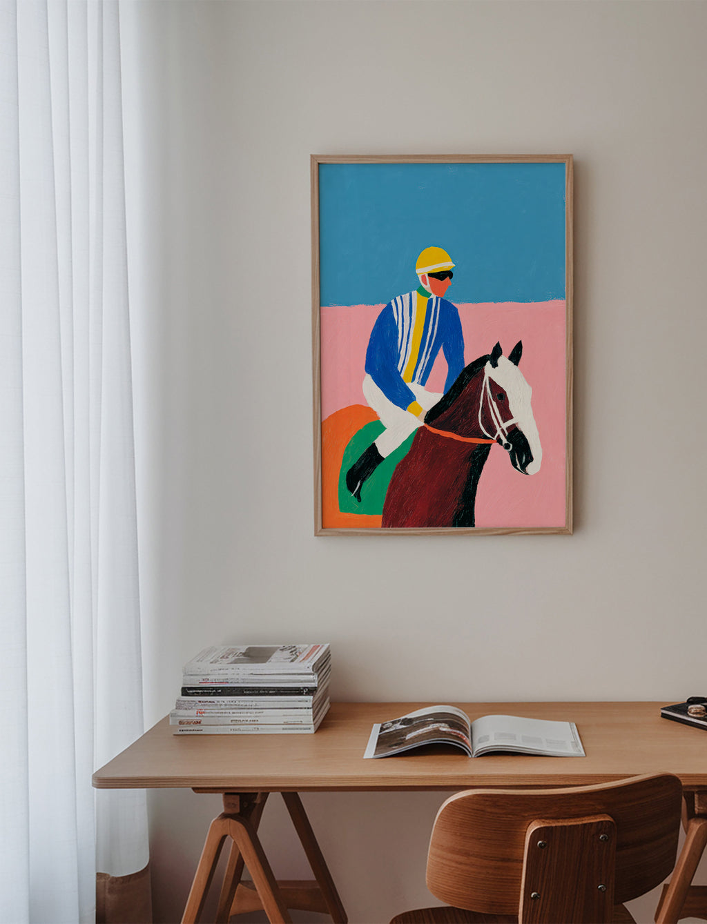 Sport kunst: jockey en paard in vlakke kleuren