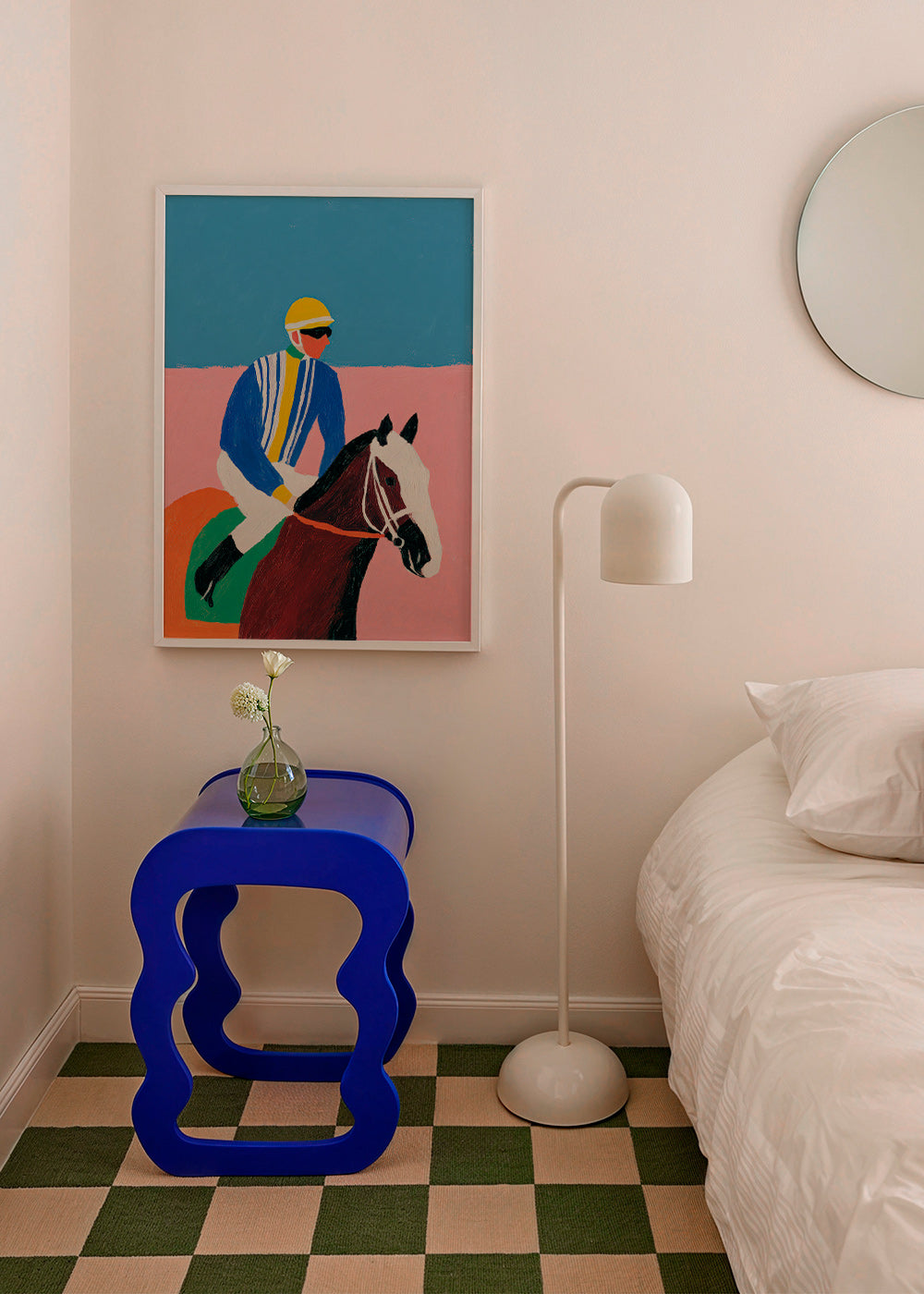 Sport kunst: jockey en paard in vlakke kleuren