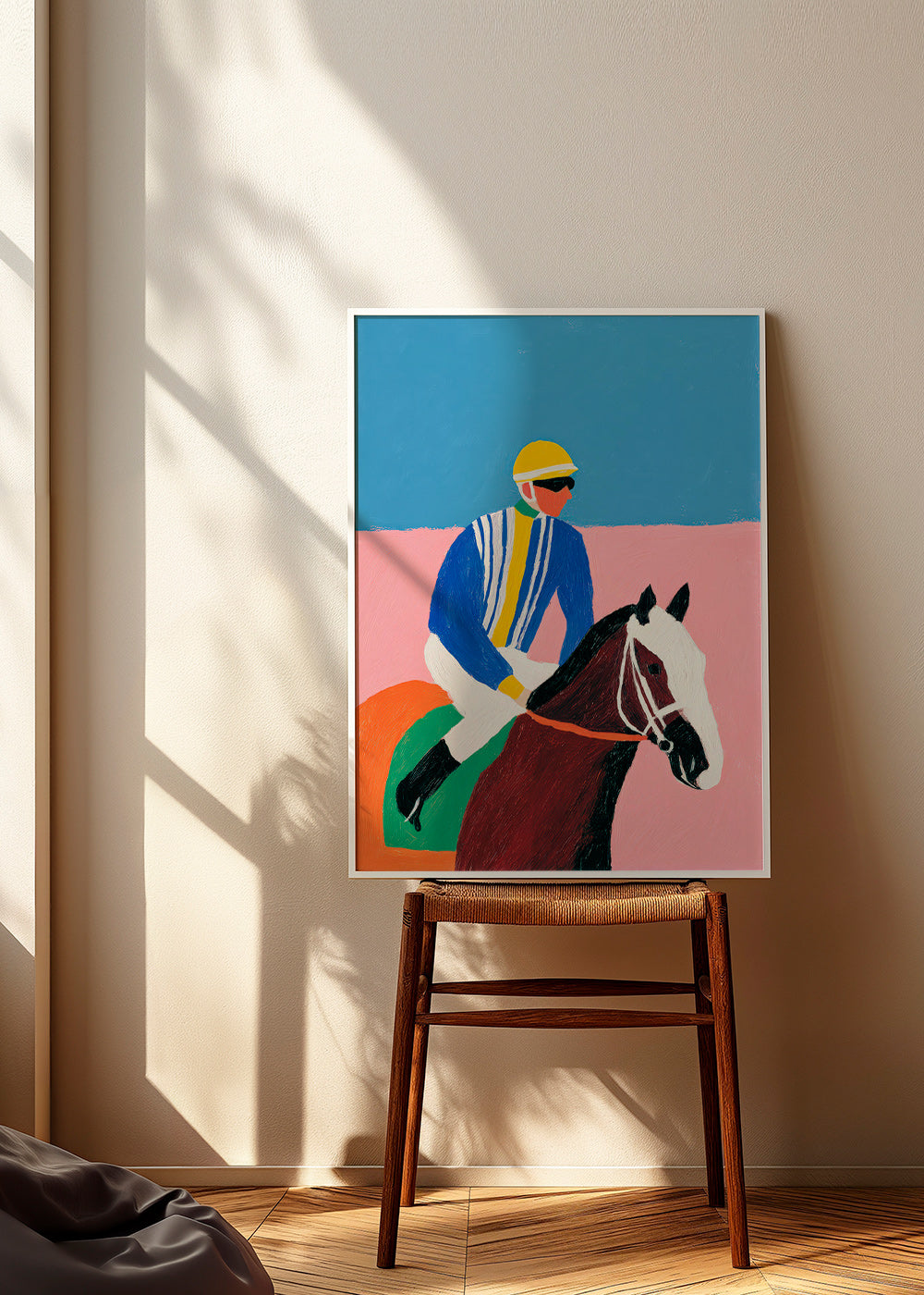 Sport kunst: jockey en paard in vlakke kleuren