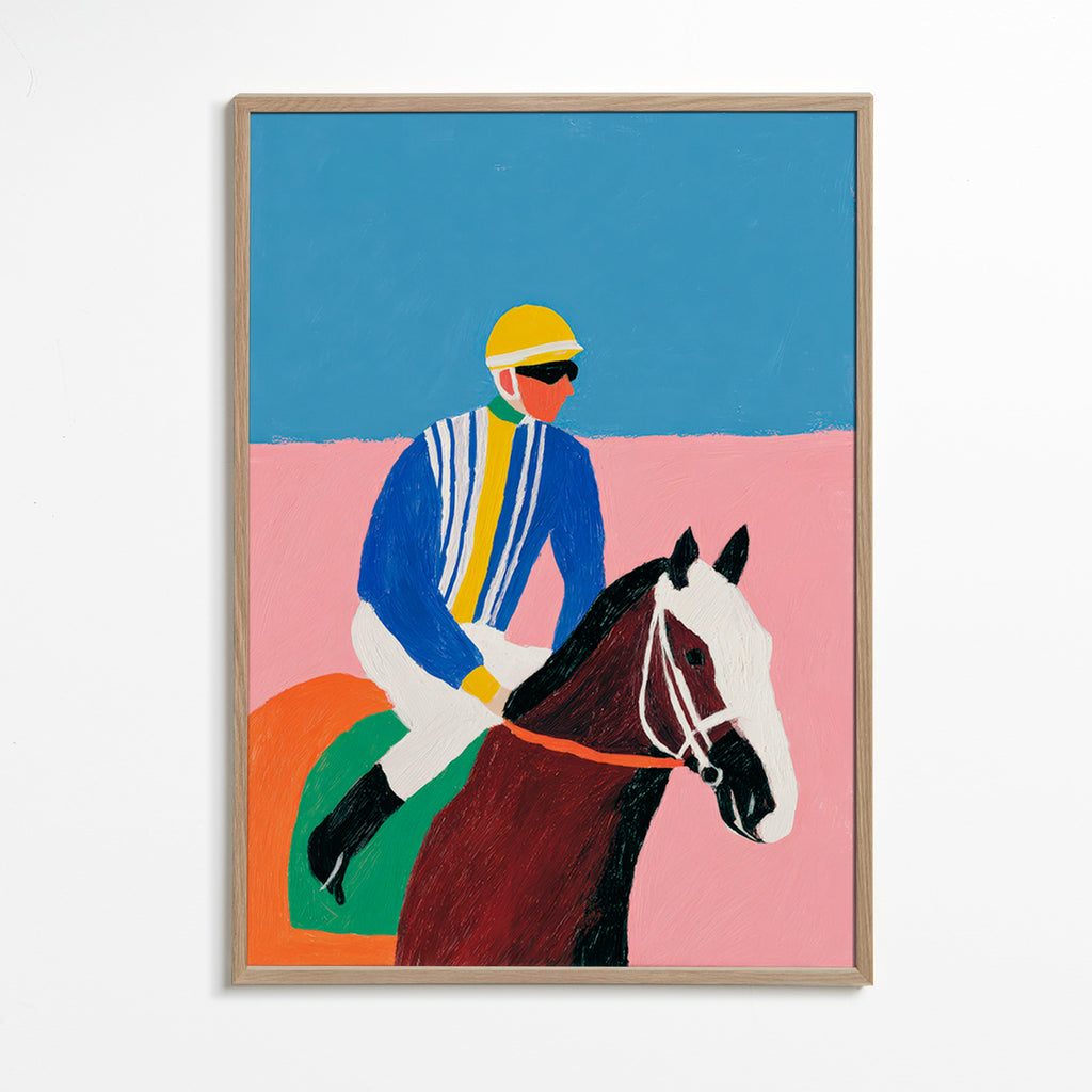 Sport kunst: jockey en paard in vlakke kleuren