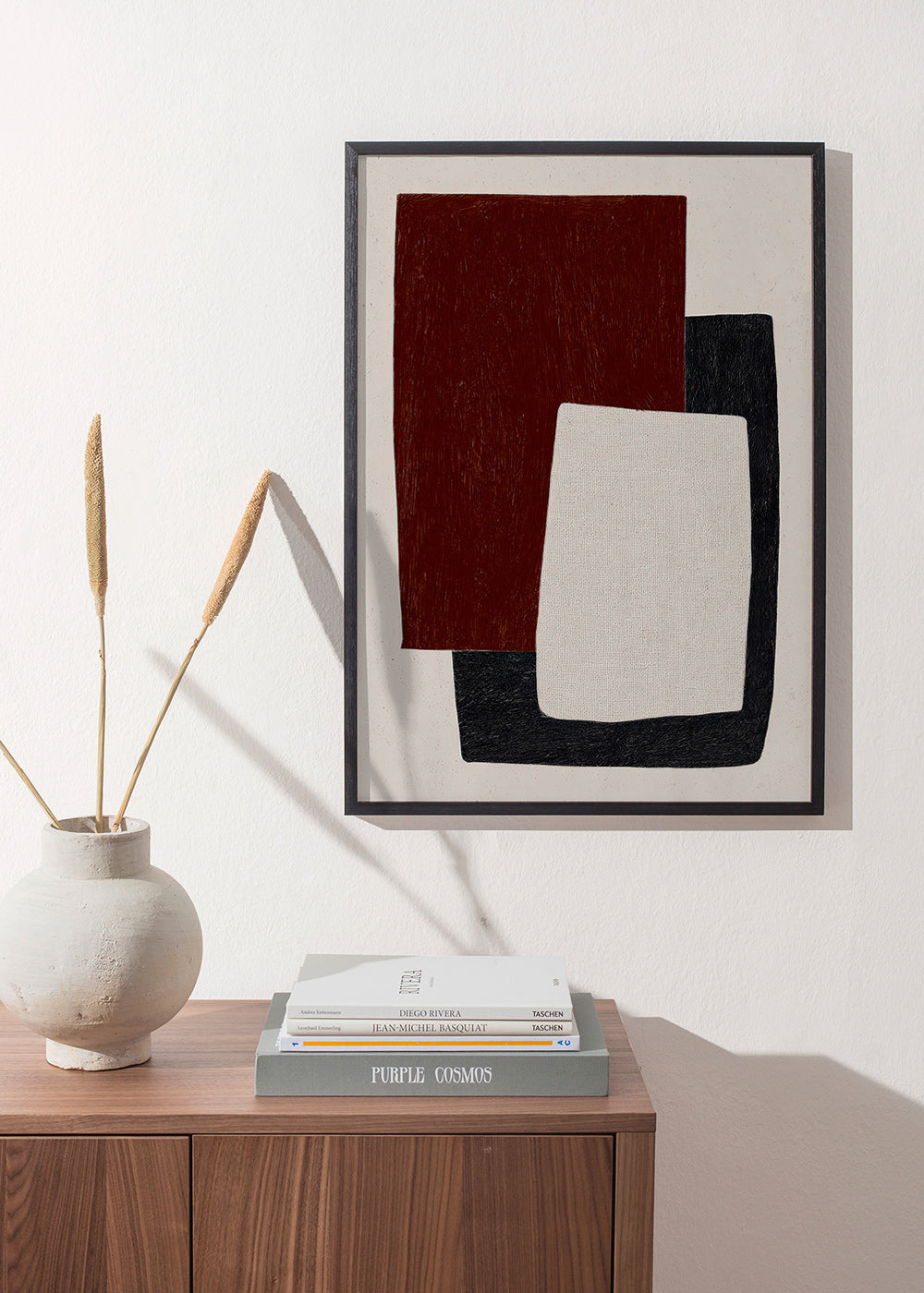 Geometrische poster met overlappende bordeauxvormen