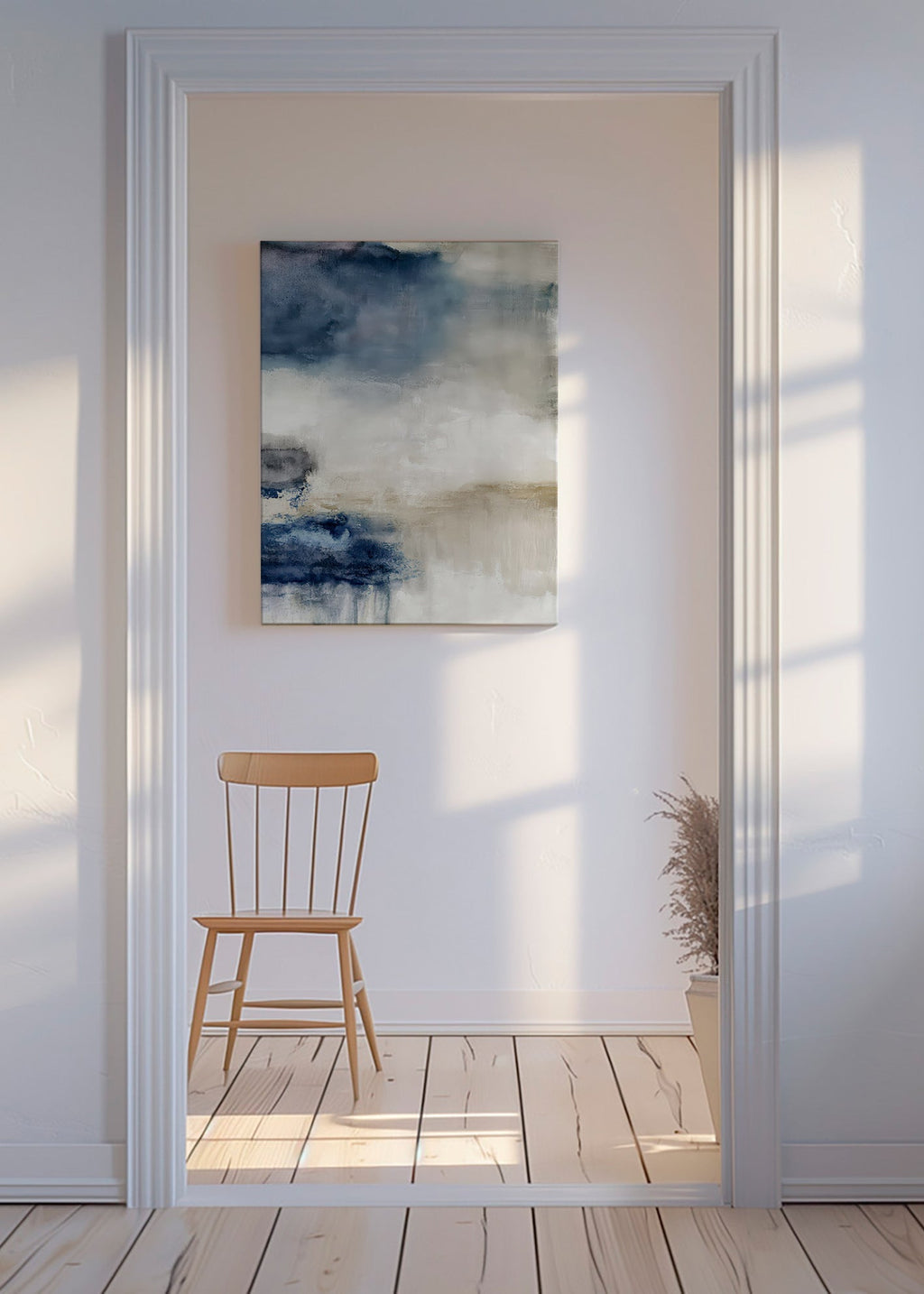 Abstract schilderij blauw en beige