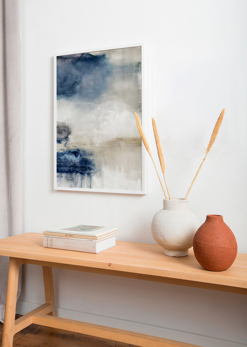 Abstract schilderij blauw en beige