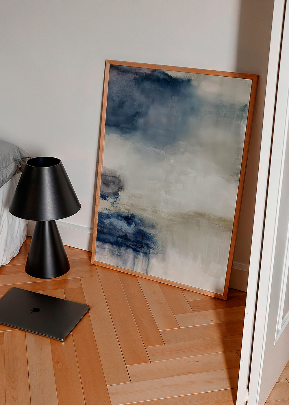 Abstract schilderij blauw en beige