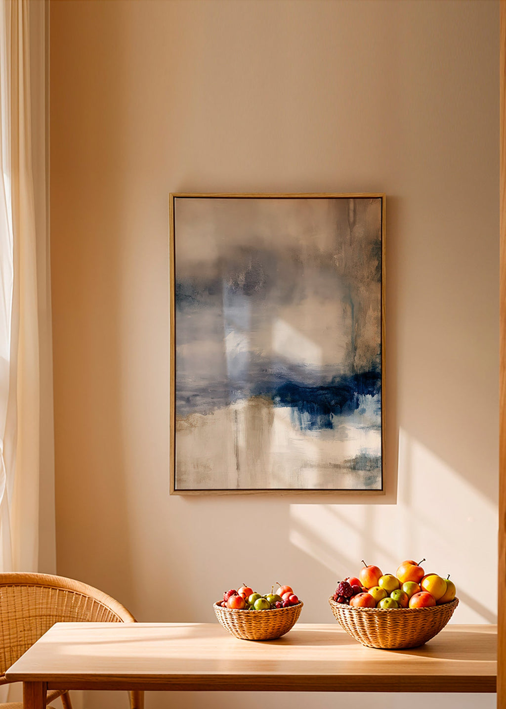 Abstract kunstwerk blauw en beige met zachte textuur