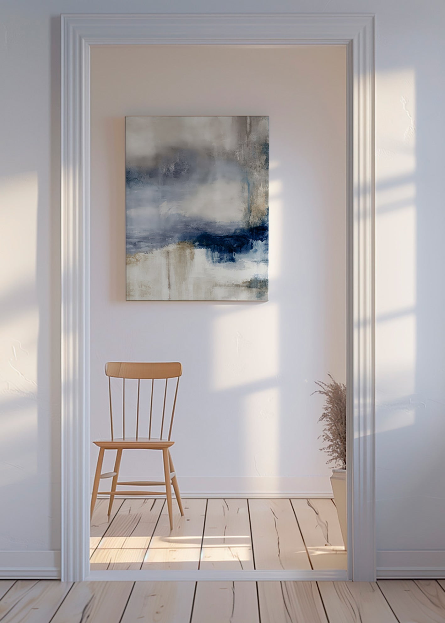 Abstract kunstwerk blauw en beige met zachte textuur