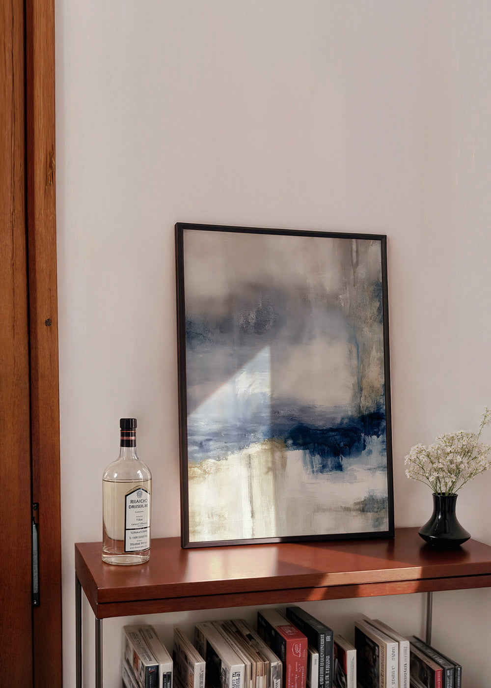 Abstract kunstwerk blauw en beige met zachte textuur