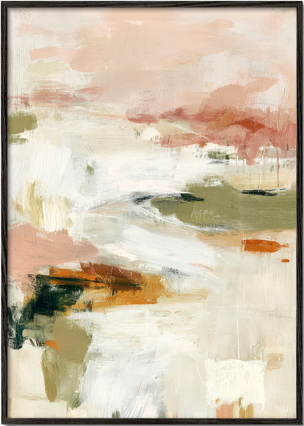 Abstract kunstwerk met zacht horizon en organische penseelstreken
