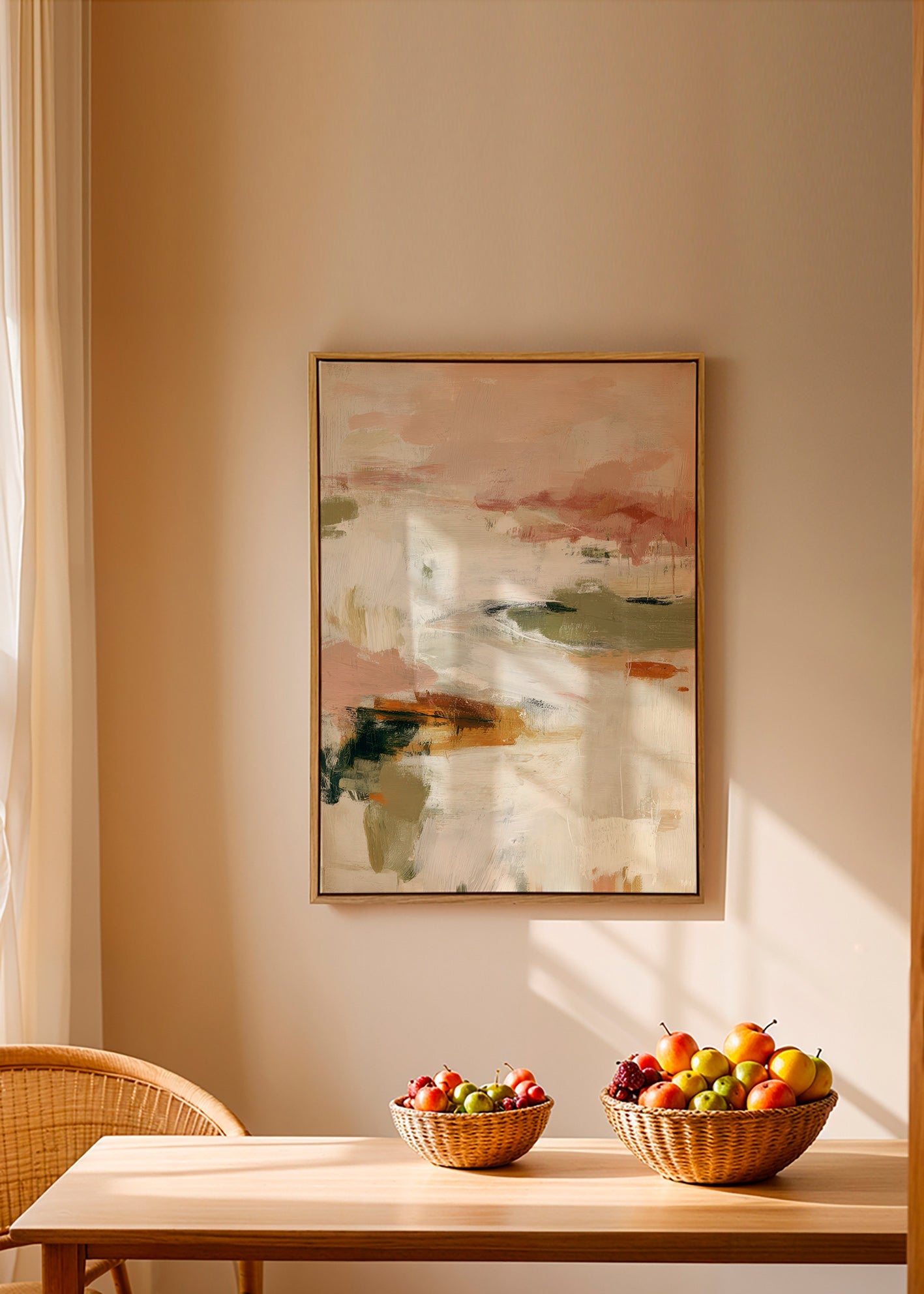 Abstract kunstwerk met zacht horizon en organische penseelstreken
