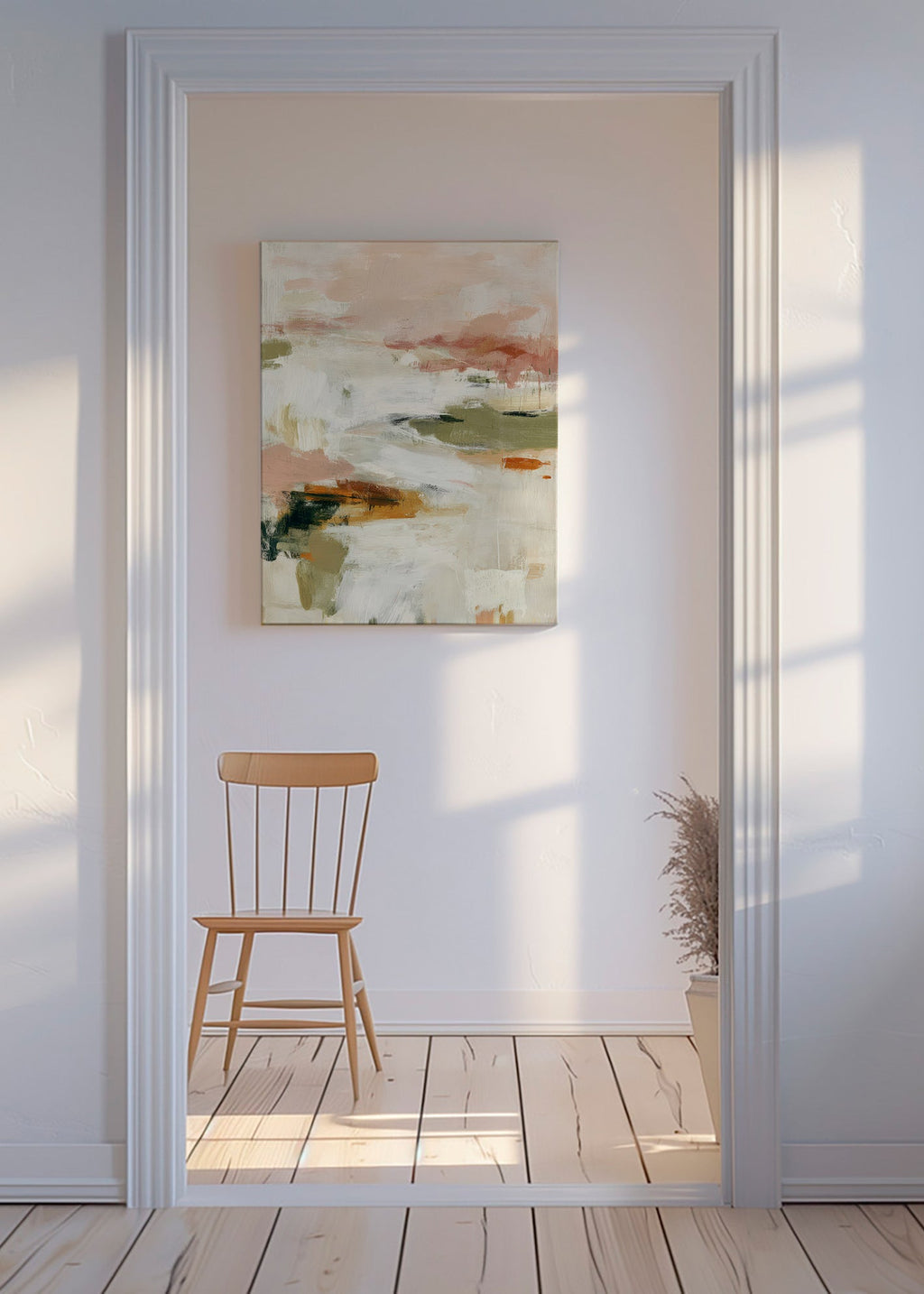 Abstract kunstwerk met zacht horizon en organische penseelstreken