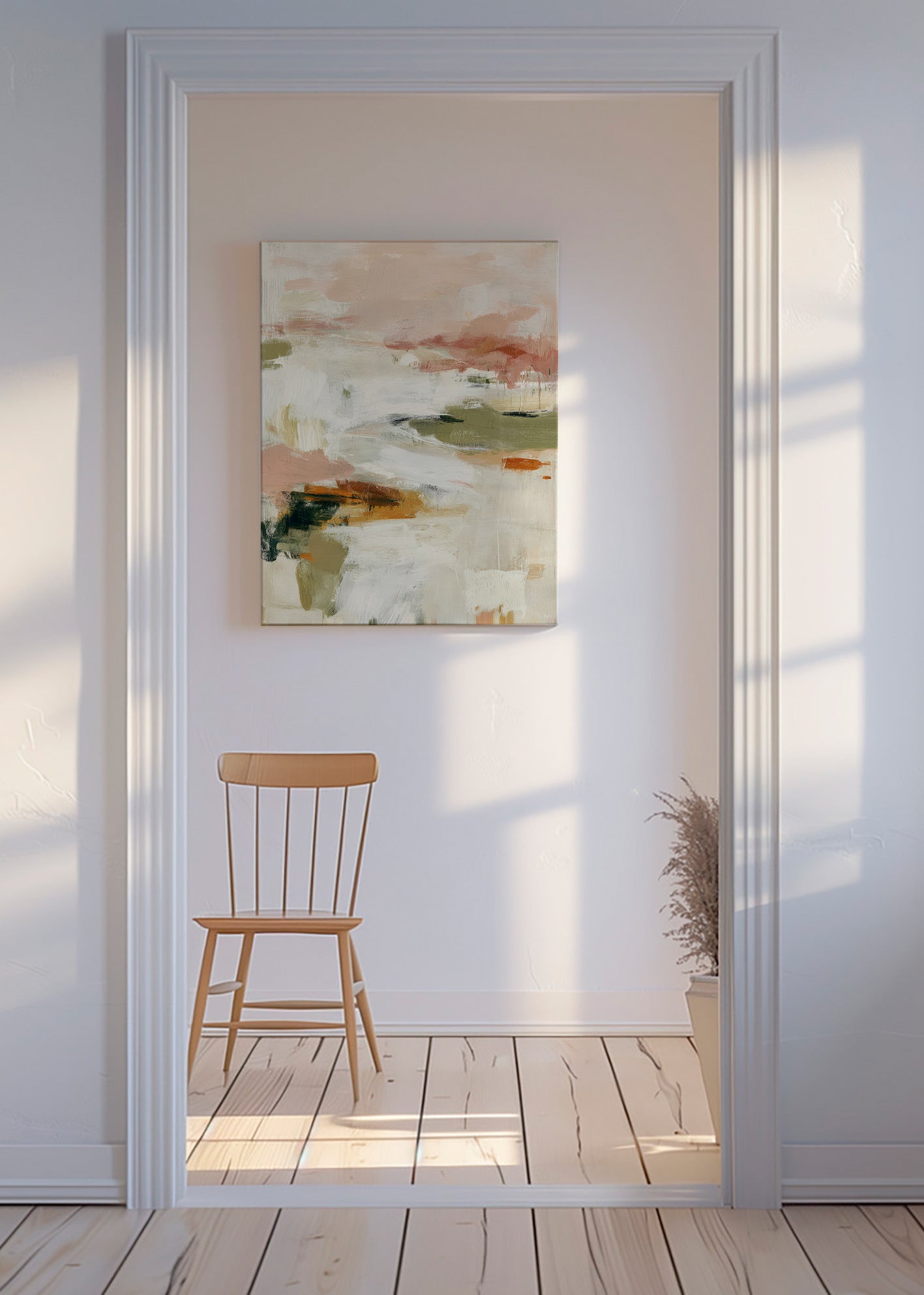 Abstract kunstwerk met zacht horizon en organische penseelstreken