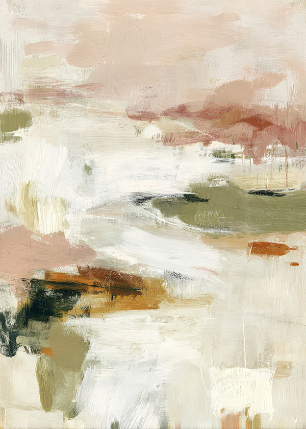 Abstract kunstwerk met zacht horizon en organische penseelstreken