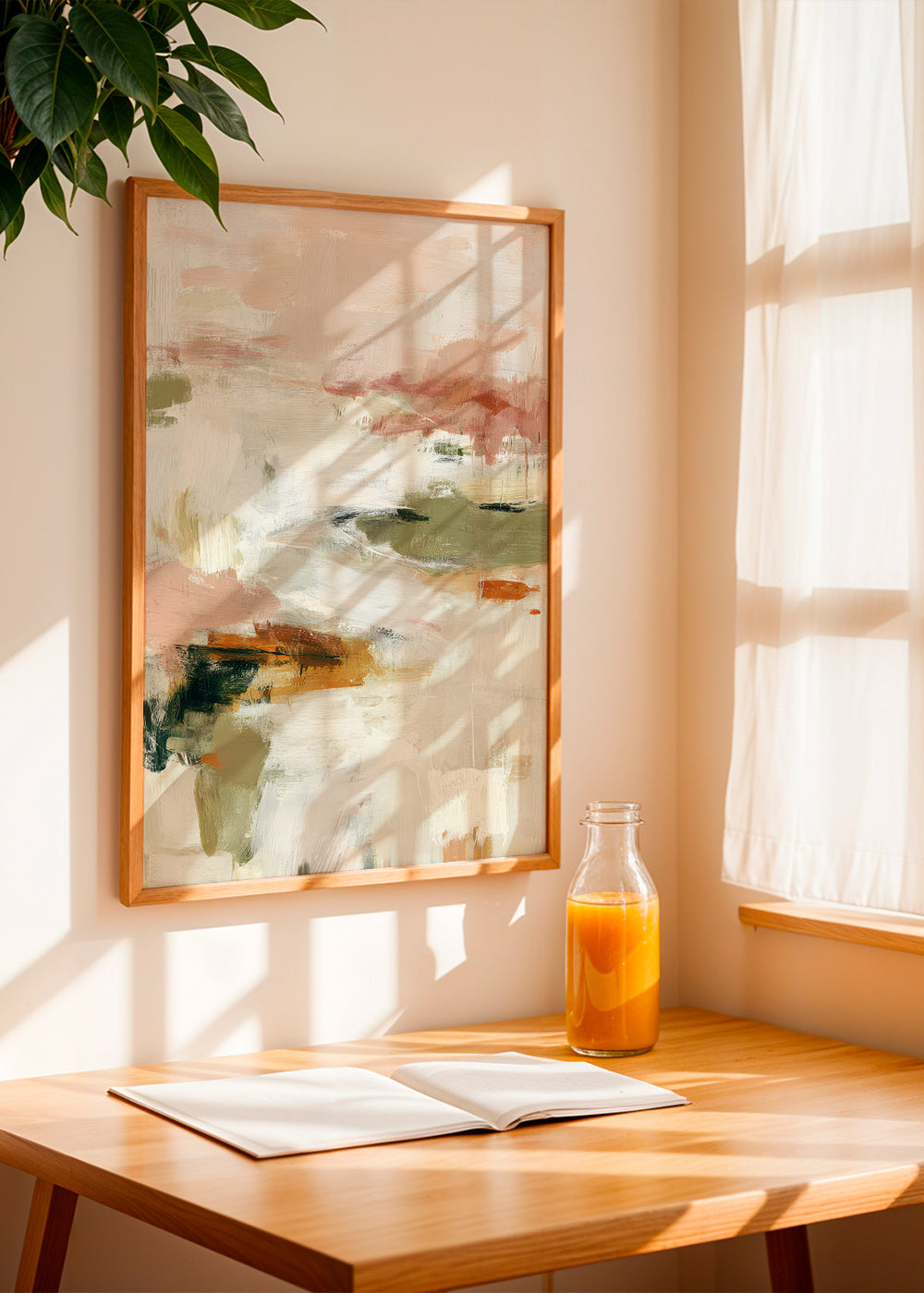 Abstract kunstwerk met zacht horizon en organische penseelstreken