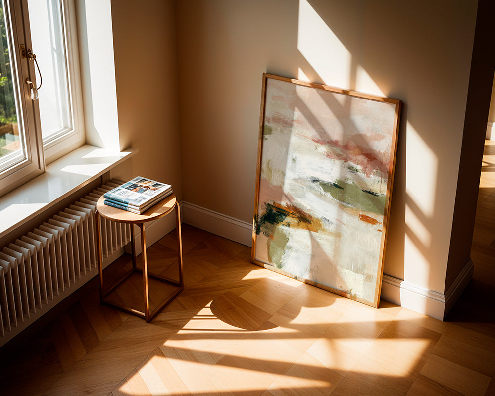 Abstract kunstwerk met zacht horizon en organische penseelstreken