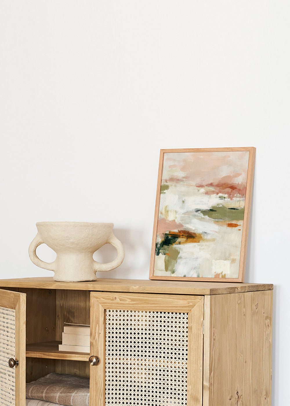 Abstract kunstwerk met zacht horizon en organische penseelstreken