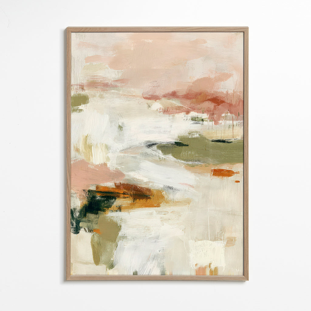Abstract kunstwerk met zacht horizon en organische penseelstreken