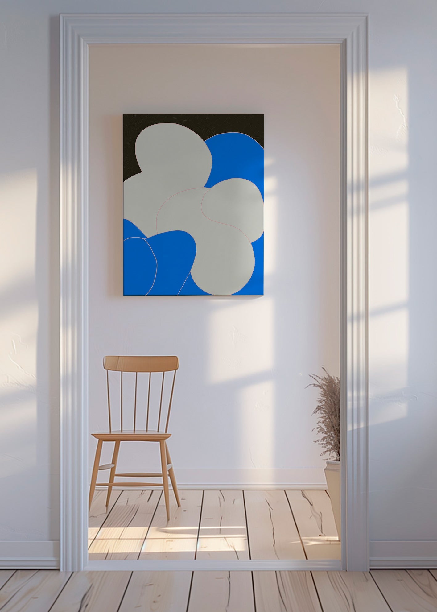 Abstract kunstwerk met organische blauw-witte vormen