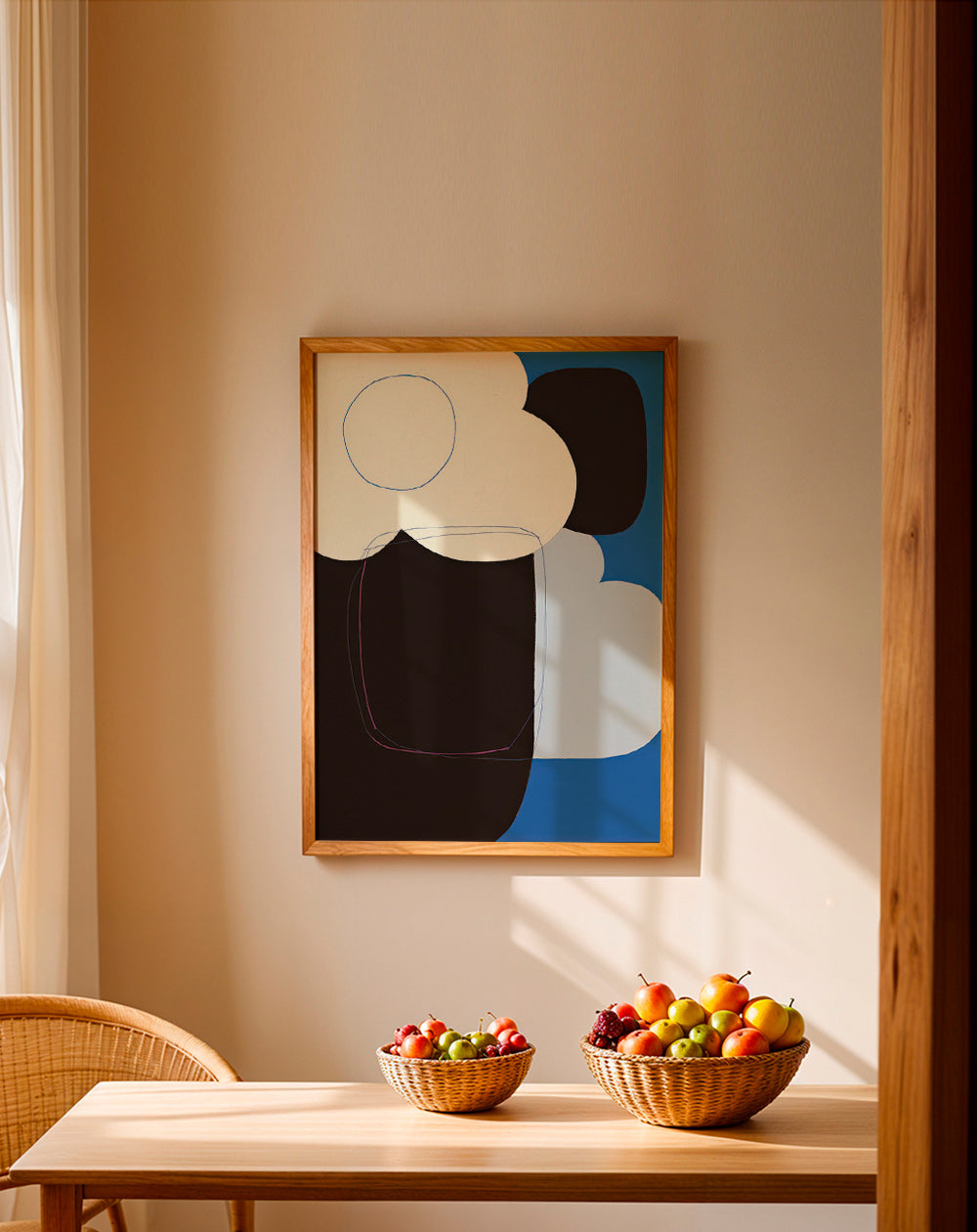 Abstract kunstwerk met organische blauwe vormen