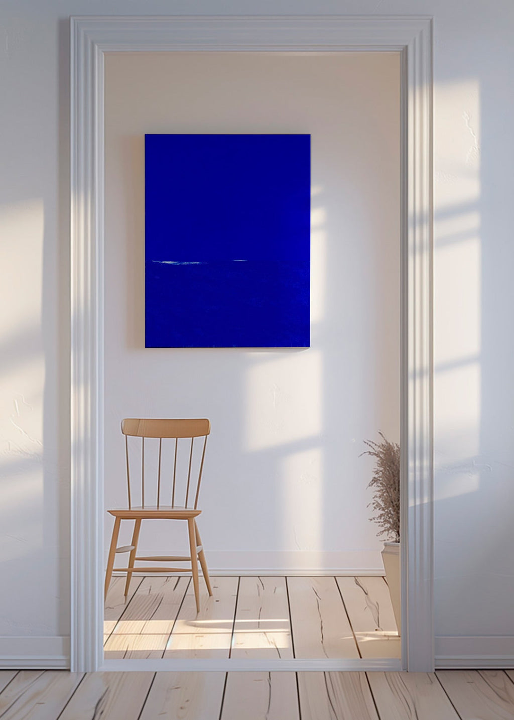 Blauw abstract kunstwerk met subtiele horizon