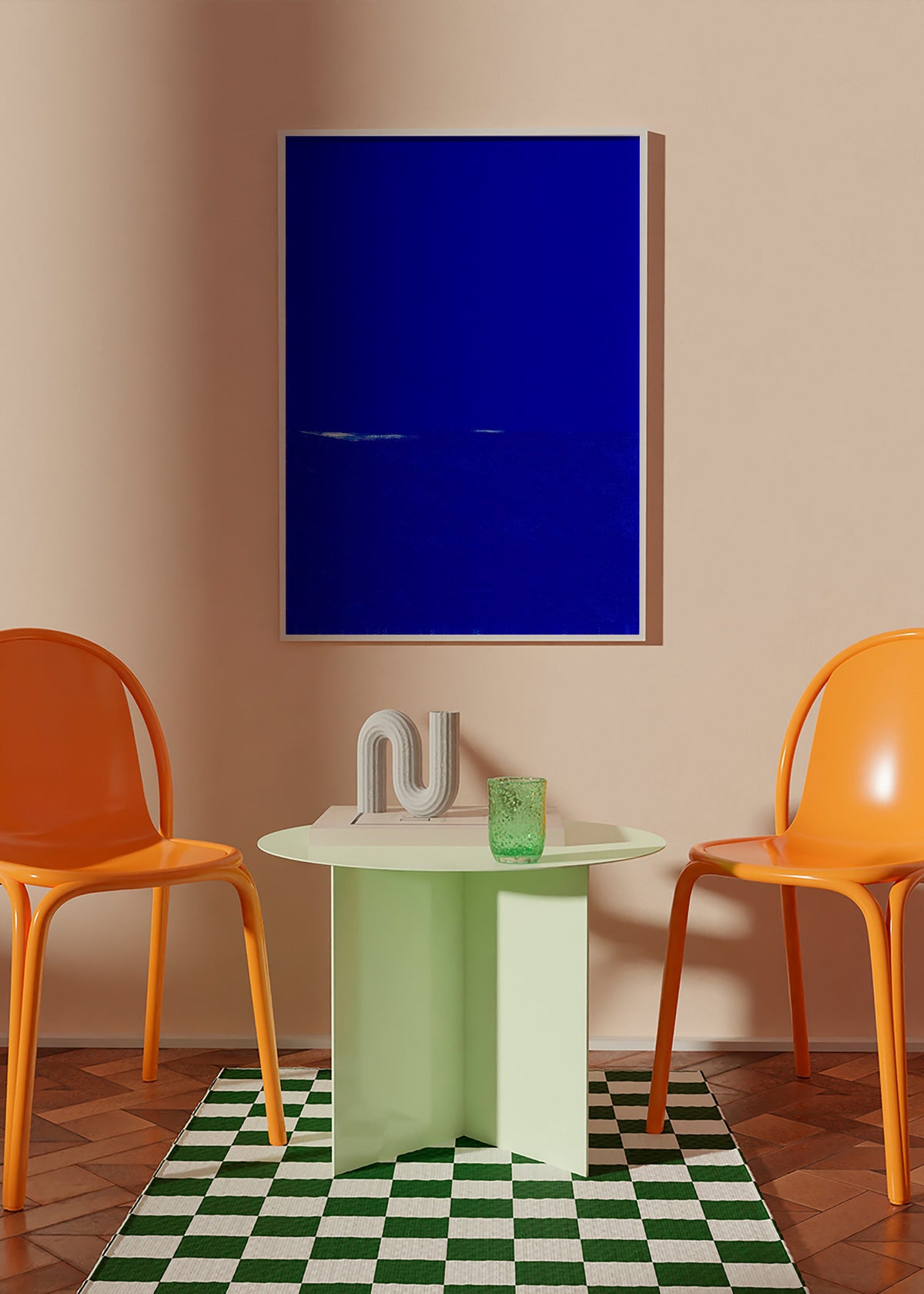 Blauw abstract kunstwerk met subtiele horizon