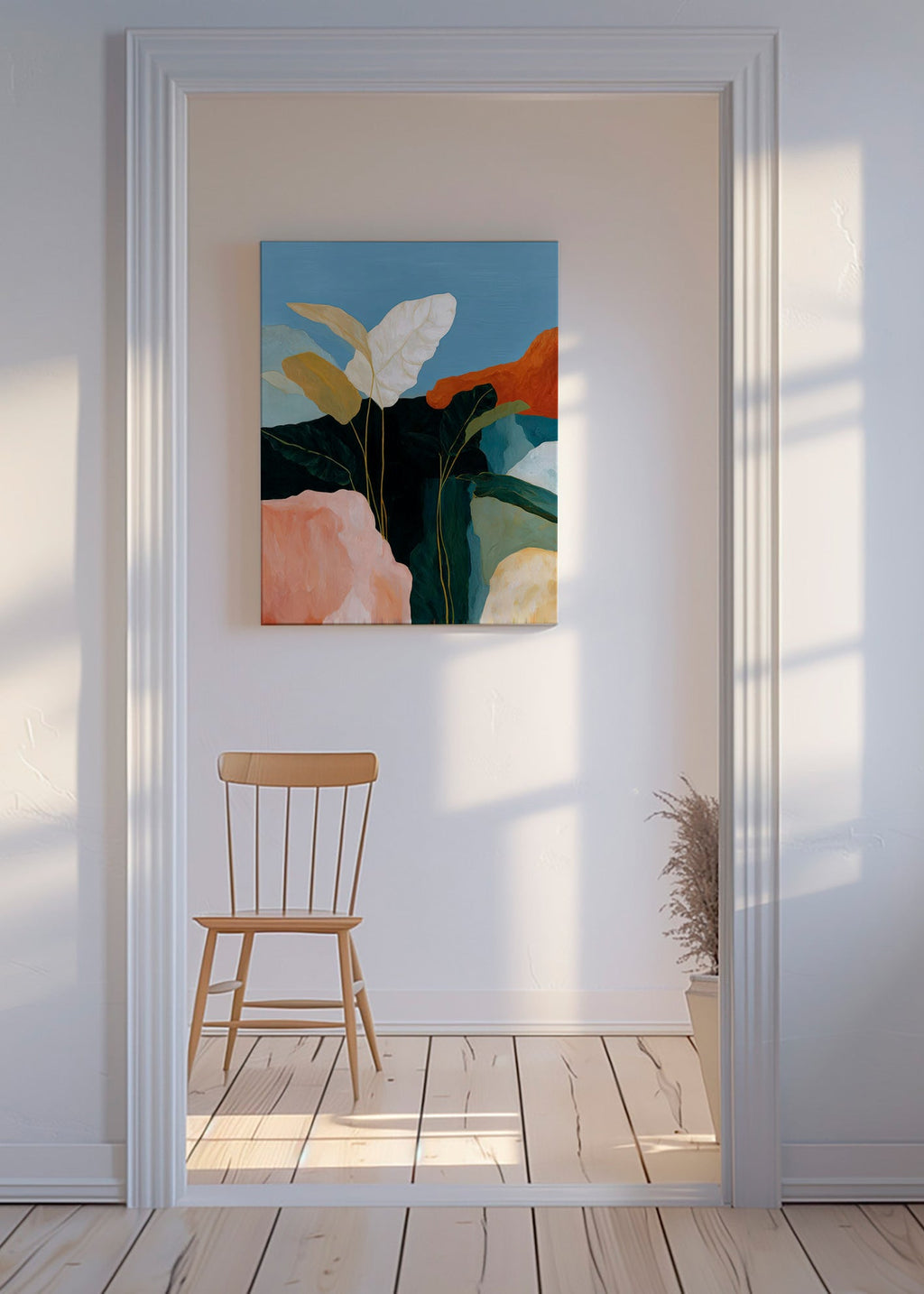 Botanische print witte bladeren en rotsvormen