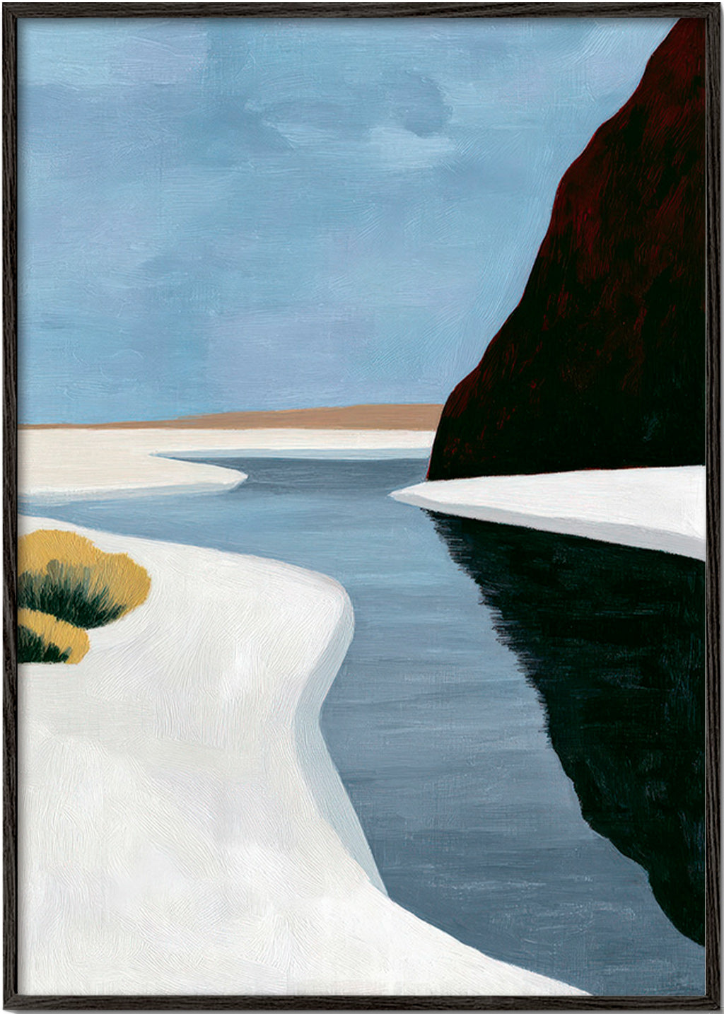 Landschap kunst: minimalistisch estuarium met donkere klif