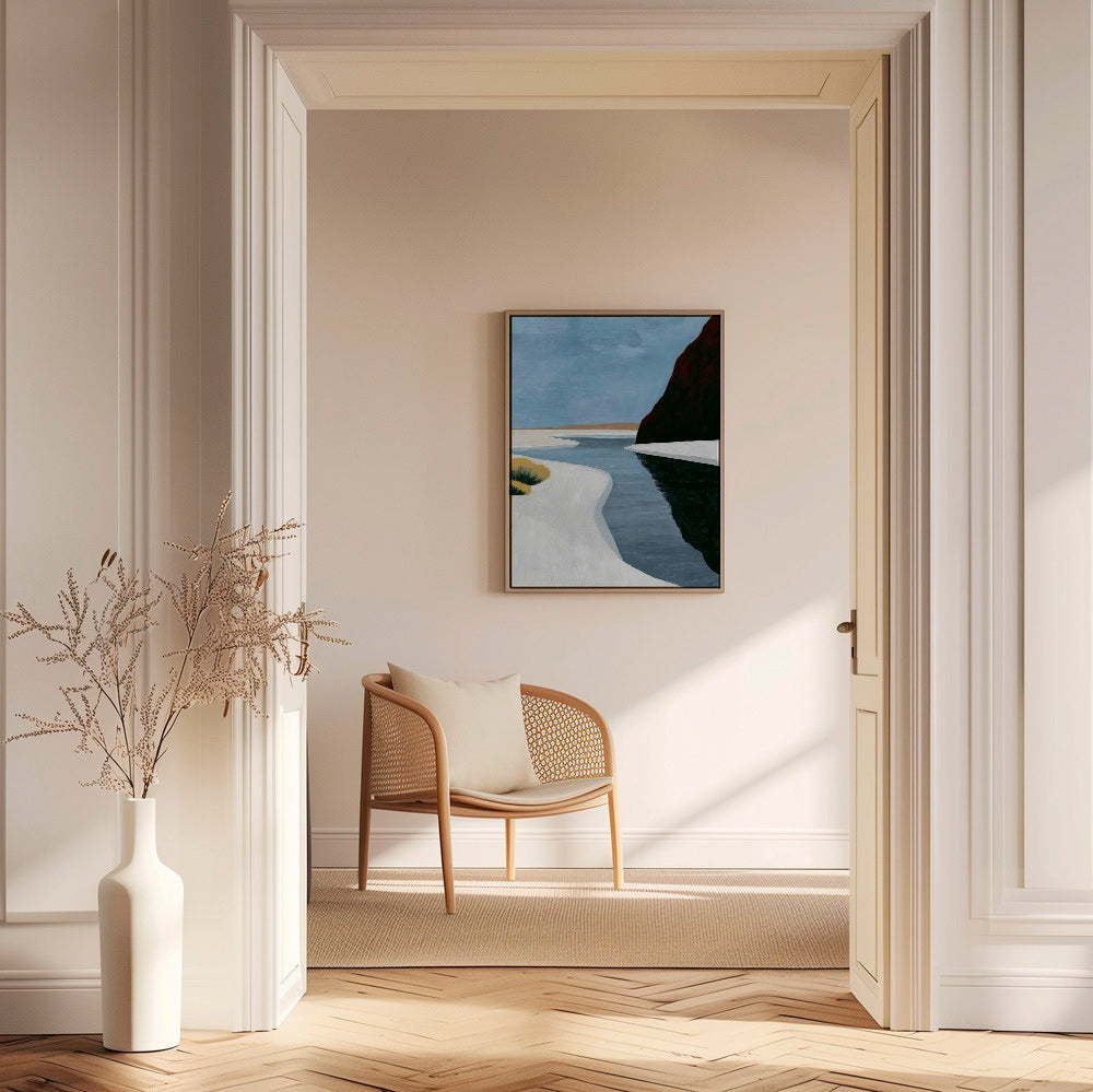Landschap kunst: minimalistisch estuarium met donkere klif